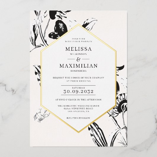 白黒フローラ幾何学的金ゴールド枠 箔招待状 (正面)