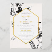 白黒フローラ幾何学的金ゴールド枠 箔招待状 (正面)