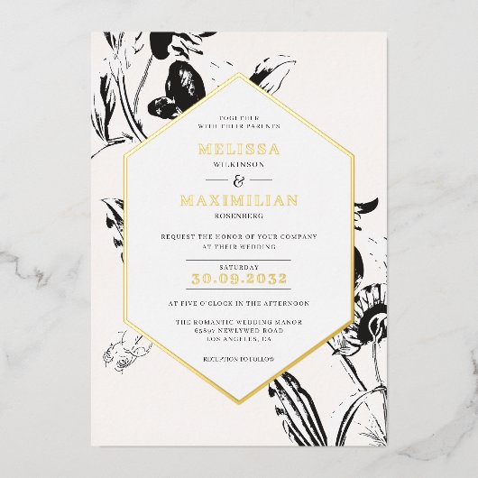 白黒フローラ幾何学的金ゴールド枠 箔招待状 (正面)