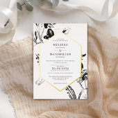 白黒フローラ幾何学的金ゴールド枠 箔招待状