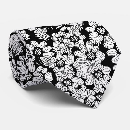 白黒フローラ抽象芸術花模様 ネクタイ (ロール)