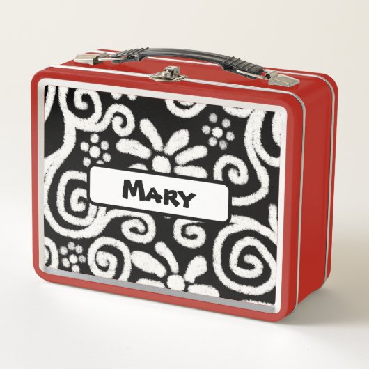 白黒フローラ旋回パタパーソナライズされたーン メタルランチボックス (正面)