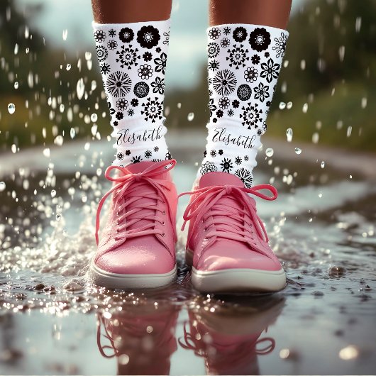 白黒フローラ曼荼羅ヒッピー・ボホ花 ソックス