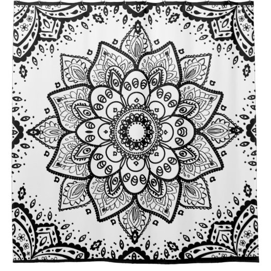 白黒フローラ曼荼羅 シャワーカーテン (正面)