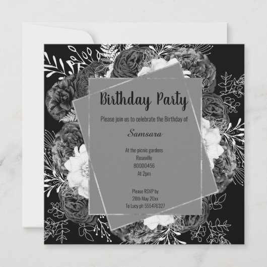 白黒フローラ枠誕生日正方形 招待状 (正面)