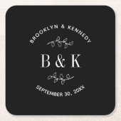 白黒フローラ植物性モノグラムカップル名 スクエアペーパーコースター (正面)