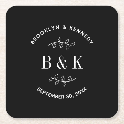 白黒フローラ植物性モノグラムカップル名 スクエアペーパーコースター (正面)