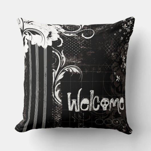 白黒フローラ歓迎スカル装飾用クッション クッション (正面)