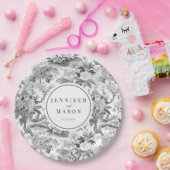 白黒フローラ結婚モノグラム紙プレート ペーパープレート (パーティー)