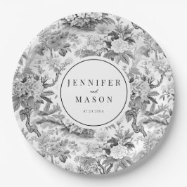 白黒フローラ結婚モノグラム紙プレート ペーパープレート