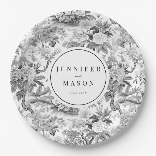 白黒フローラ結婚モノグラム紙プレート ペーパープレート (正面)