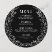 白黒フローラ結婚ラウンドのメニューカードプレート メニュー (正面)