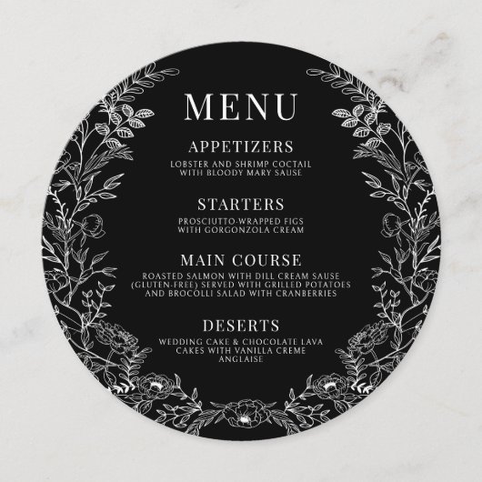 白黒フローラ結婚ラウンドのメニューカードプレート メニュー (正面)
