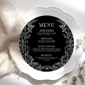 白黒フローラ結婚ラウンドのメニューカードプレート メニュー