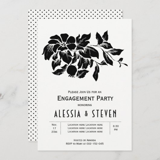 白黒フローラ結婚婚約パーティ 招待状 (正面/裏面)