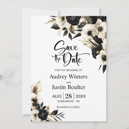 白黒フローラ結婚式の日付の保存 招待状 (正面)