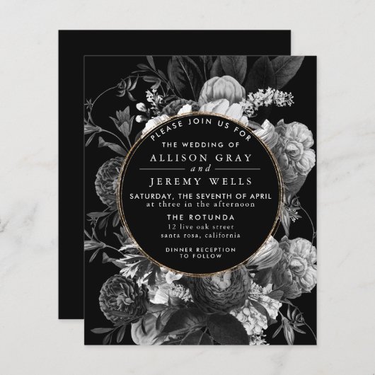 白黒フローラ結婚式招待状チラシ (正面/裏面)