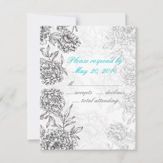 白黒フローラ結婚式RSVPカードアクアブルー 出欠カード (正面)