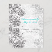 白黒フローラ結婚式RSVPカードアクアブルー 出欠カード (正面/裏面)
