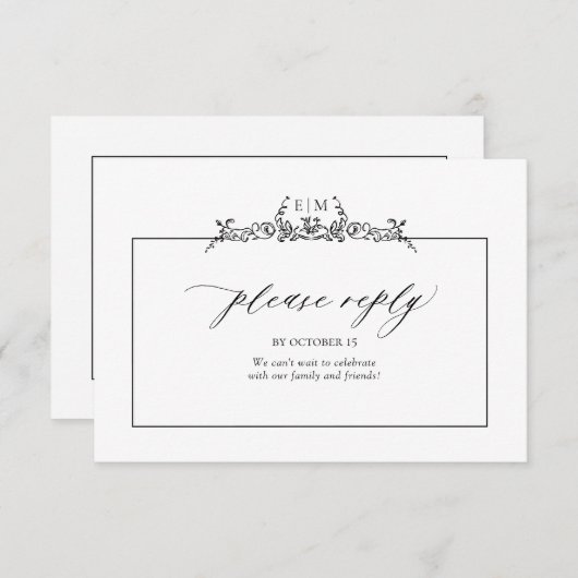 白黒フローラ縁どモノグラ結婚ム 出欠カード (正面/裏面)