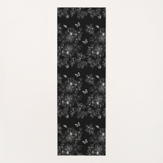 白黒フローラ自然パターンのミニマル ヨガマット (正面)