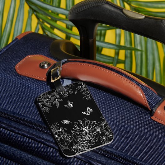 白黒フローラ自然パターンのミニマル ラゲッジタグ (正面インサイチュ1)