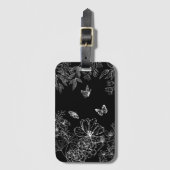 白黒フローラ自然パターンのミニマル ラゲッジタグ (正面縦)