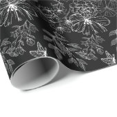 白黒フローラ自然パターンのミニマル ラッピングペーパー (ロールコーナー)