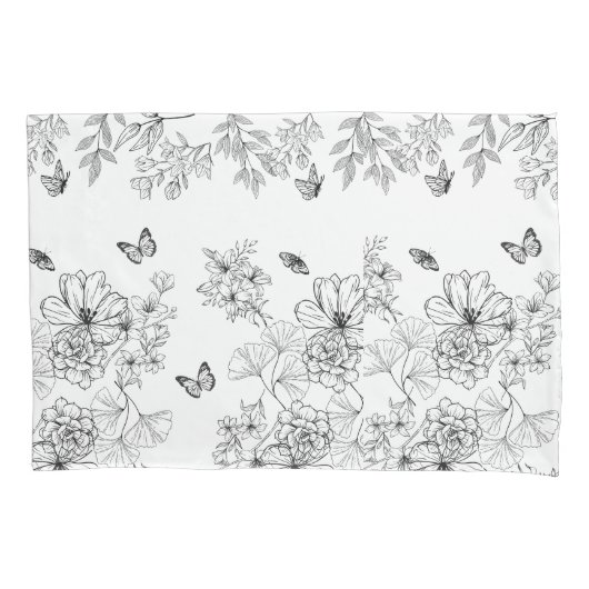 白黒フローラ自然パターンのミニマル 枕カバー (正面)