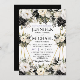 白黒フローラ花結婚式招待状 招待状