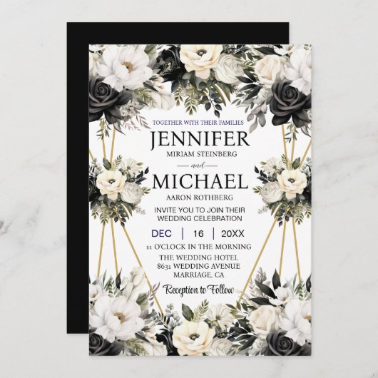 白黒フローラ花結婚式招待状 招待状 (正面/裏面)