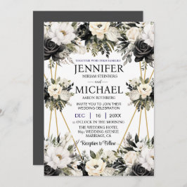 白黒フローラ花結婚式招待状 招待状
