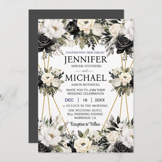 白黒フローラ花結婚式招待状 招待状 (正面/裏面)