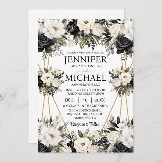 白黒フローラ花結婚式招待状 招待状 (正面/裏面)