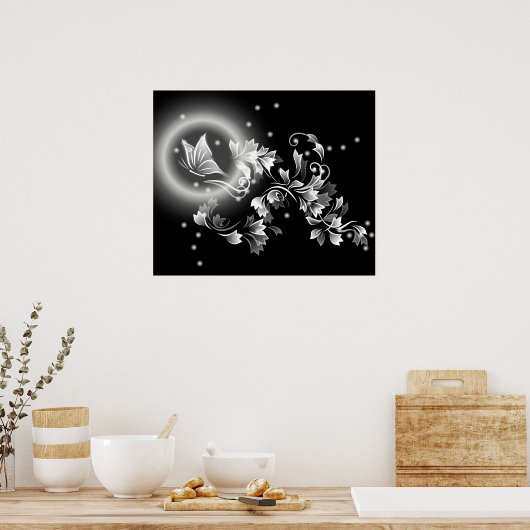 白黒フローラ蝶ファンタジー ポスター (キッチン)