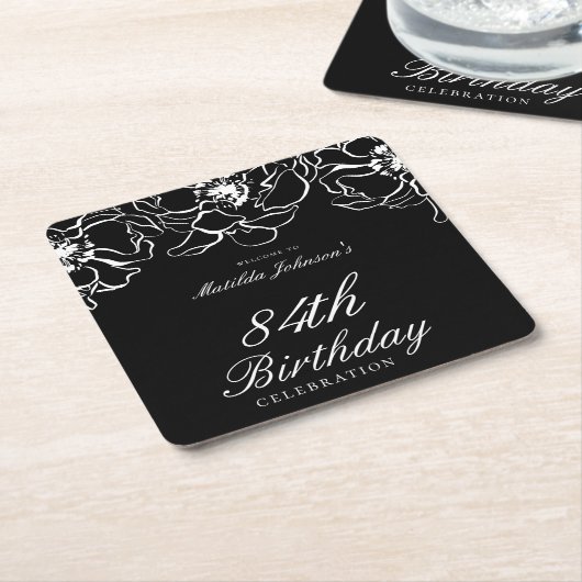 白黒フローラ誕生日パーティー スクエアペーパーコースター (アングル)