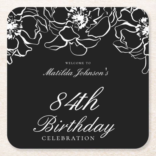 白黒フローラ誕生日パーティー スクエアペーパーコースター (正面)
