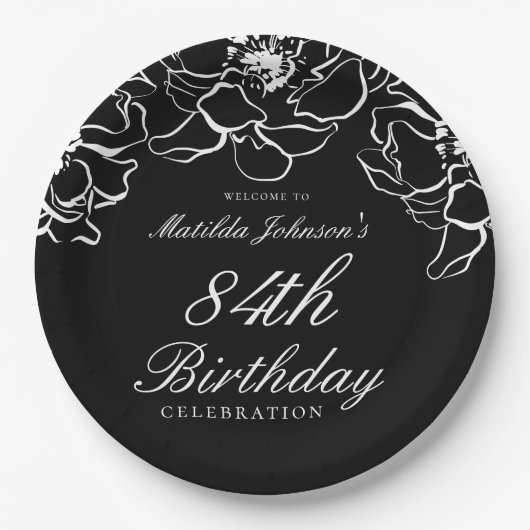 白黒フローラ誕生日パーティー ペーパープレート (正面)
