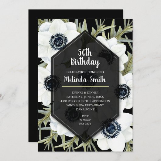 白黒フローラ誕生日招待状 (正面/裏面)