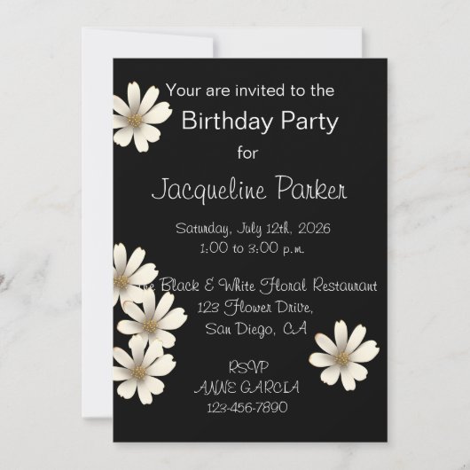 白黒フローラ誕生日 招待状 (正面)