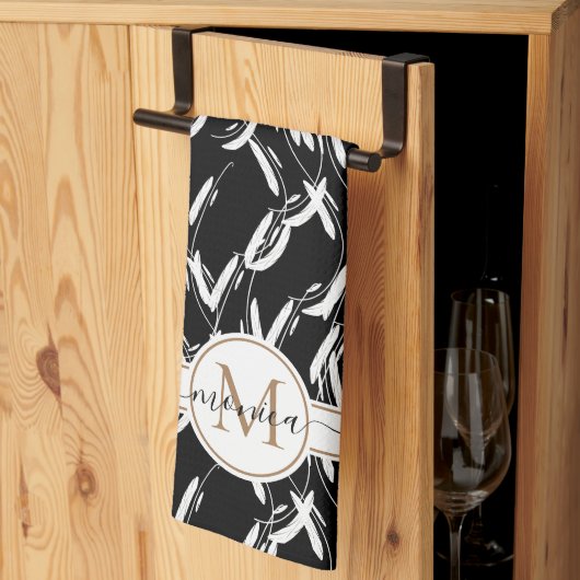 白黒フローラ金ゴールド モノグラムの キッチンタオル (三つ折り)