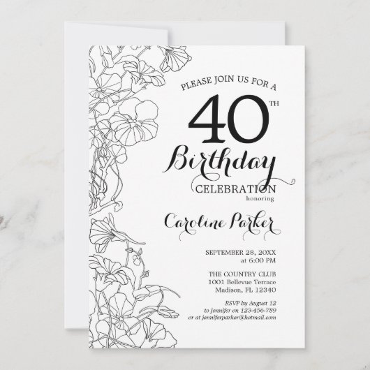 白黒フローラ40th誕生日パーティー 招待状 (正面)
