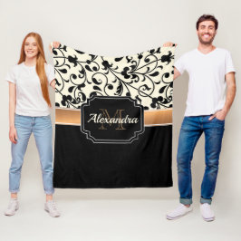 白黒フローラ フリースブランケット