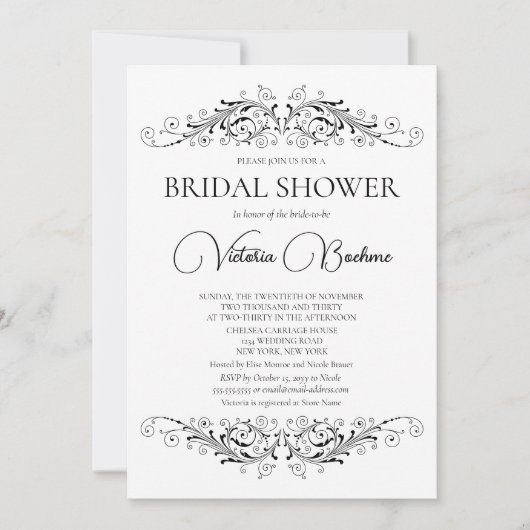 白黒フローリッシュエレガンスブライダルシャワー 招待状 (正面)