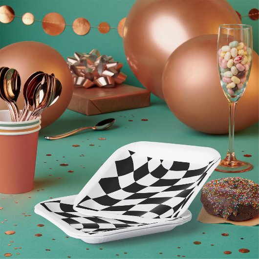 白黒フ市松模様にラグ ペーパープレート