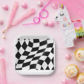 白黒フ市松模様にラグ ペーパープレート (パーティー)