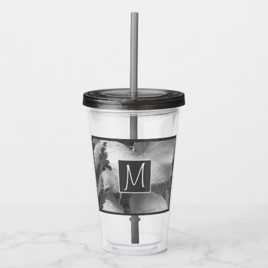 白黒ブドウの写真葉イニシャルグレー アクリルタンブラー (正面)