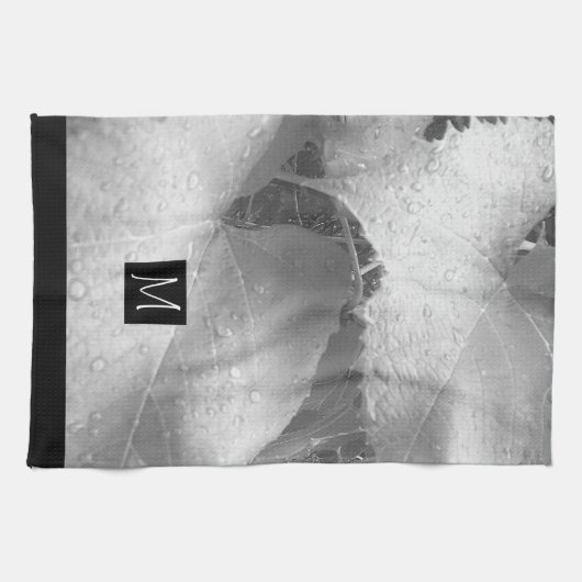 白黒ブドウの写真葉イニシャルグレー キッチンタオル (横)