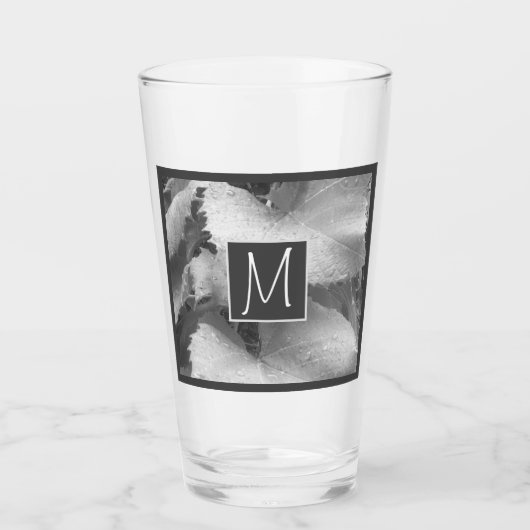 白黒ブドウの写真葉イニシャルグレー タンブラーグラス (正面)