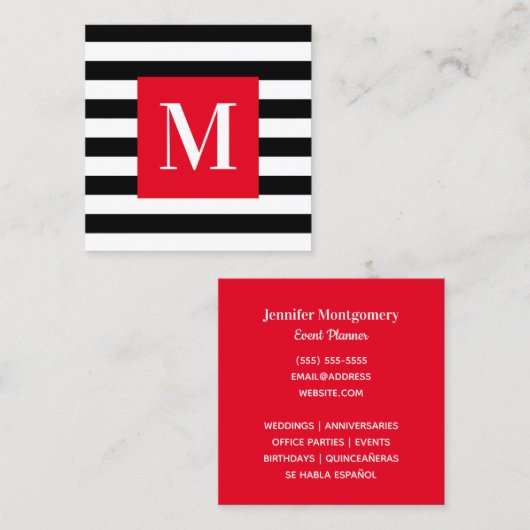 白黒ブライトストライプレッドモノグラム スクエア名刺 (正面/裏面)